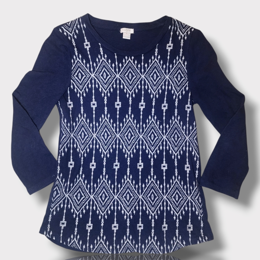 J. Crew Navy Blue Embroidered 3/4 Sleeve Sweater Top 100% Cotton Size Small